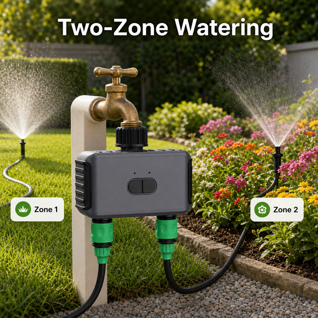 Two-zone watering layout with smart garden timer connected to two irrigation zones