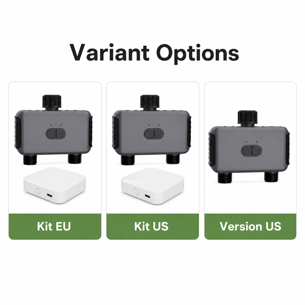 Variant options for Kit EU Kit US and Version US garden water timer