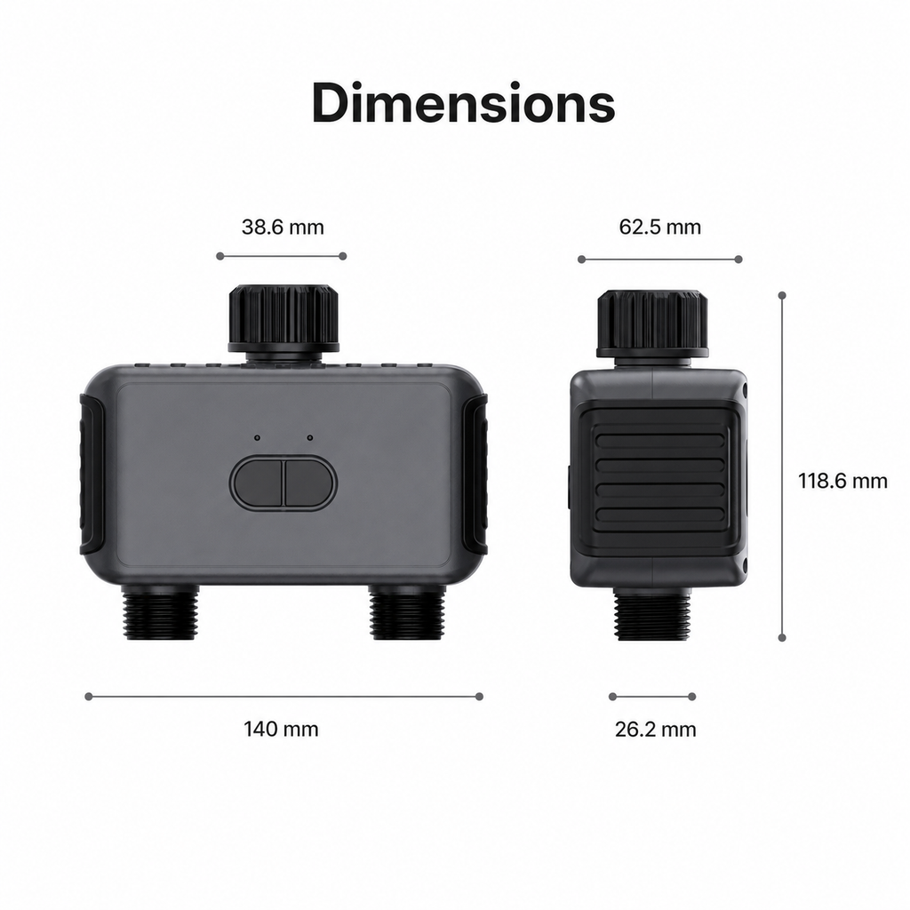 Dimensions diagram for unbranded two-outlet garden water timer