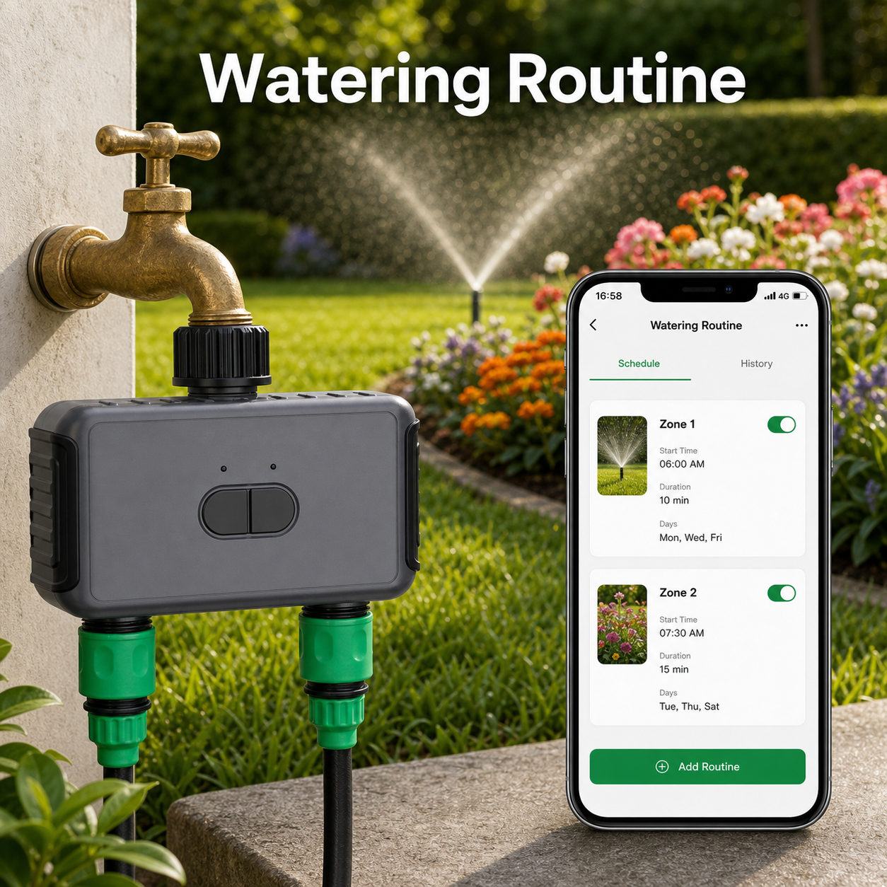 Watering routine app screen with two-outlet garden timer in outdoor garden