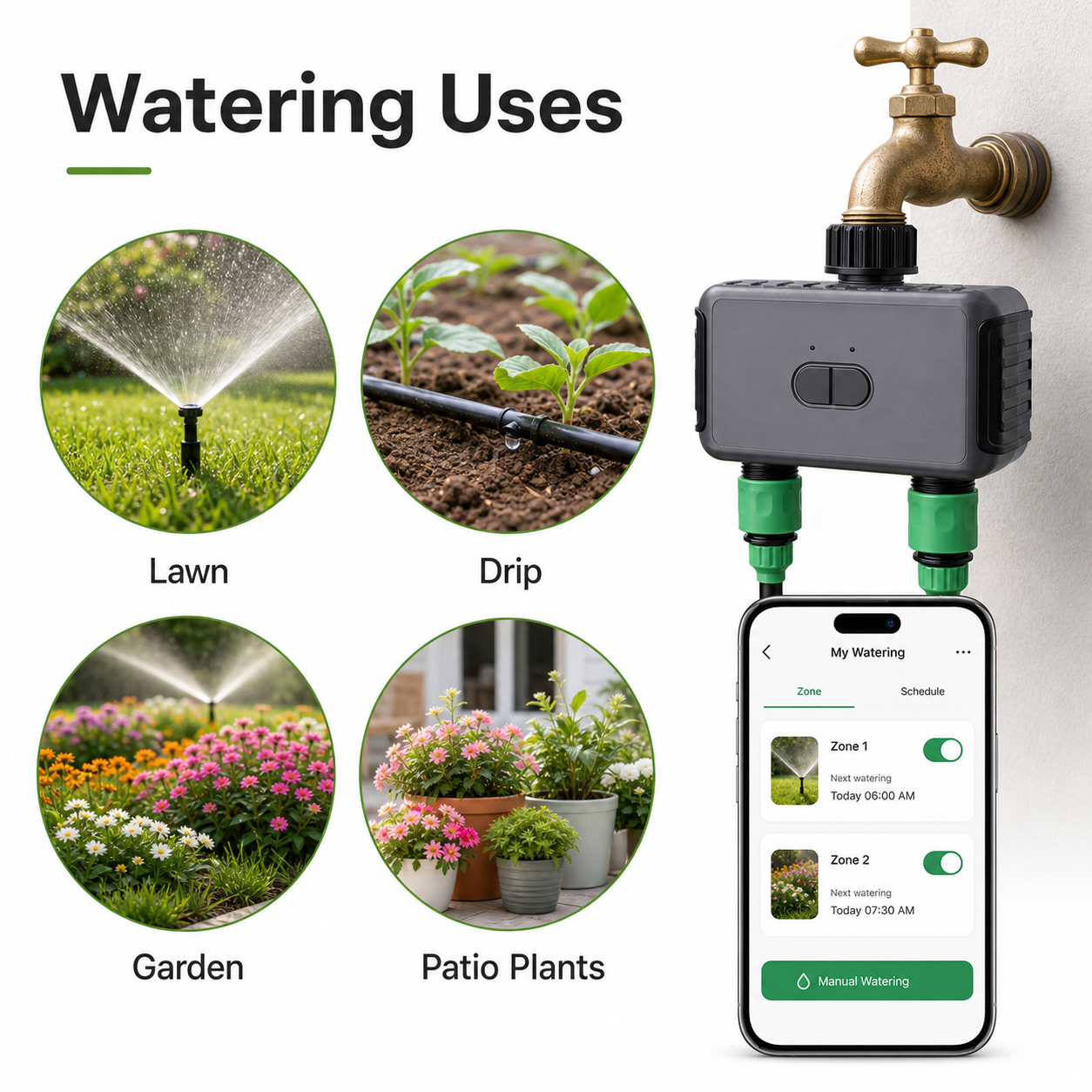 Watering use cases for lawn drip irrigation garden beds and patio plants