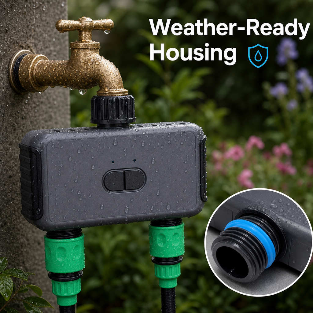 Weather-ready housing detail for outdoor two-outlet garden water timer