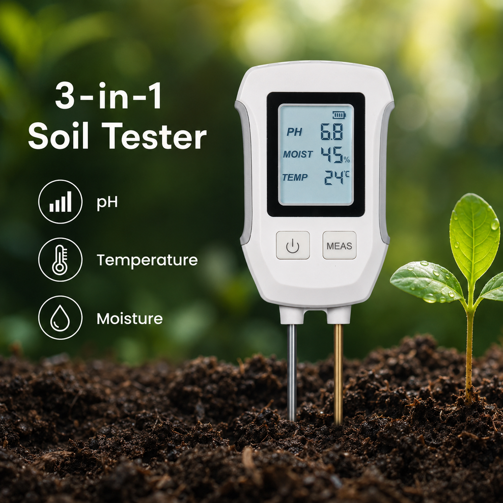 3-in-1 soil tester inserted in garden soil with pH temperature and moisture icons