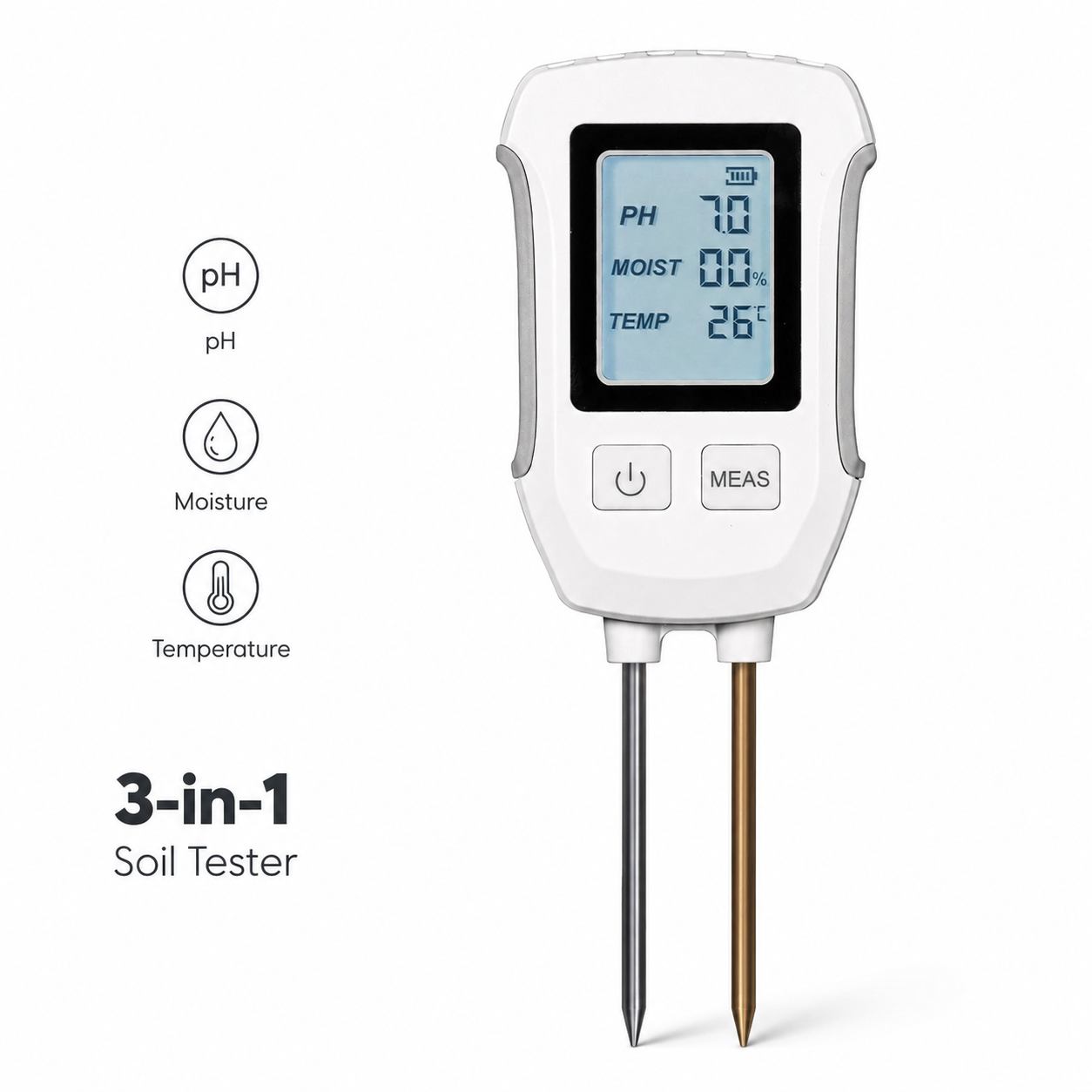 Studio packshot of 3-in-1 soil tester with pH, moisture and temperature labels