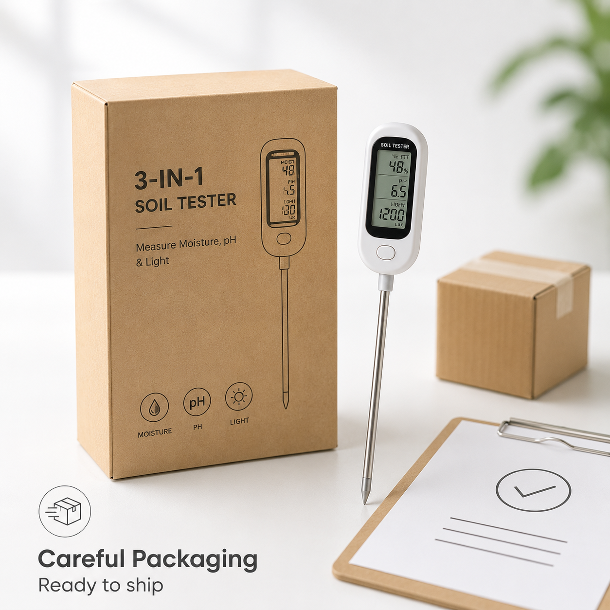 Careful packaging image for 3-in-1 soil tester