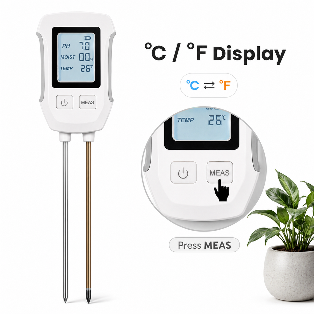 Celsius and Fahrenheit display feature for soil temperature reading