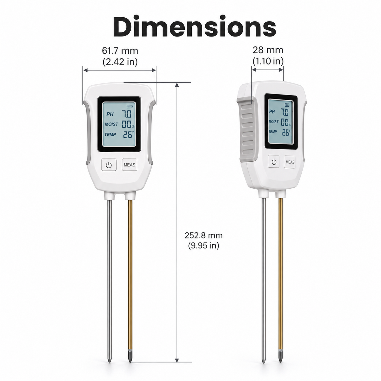 Dimension diagram of 3-in-1 soil tester with width thickness and probe length