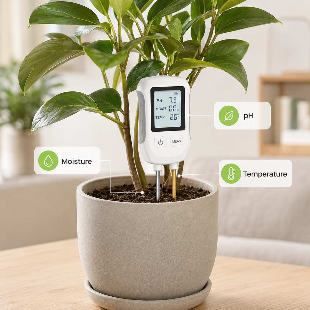Indoor plant soil condition image with pH moisture and temperature callouts