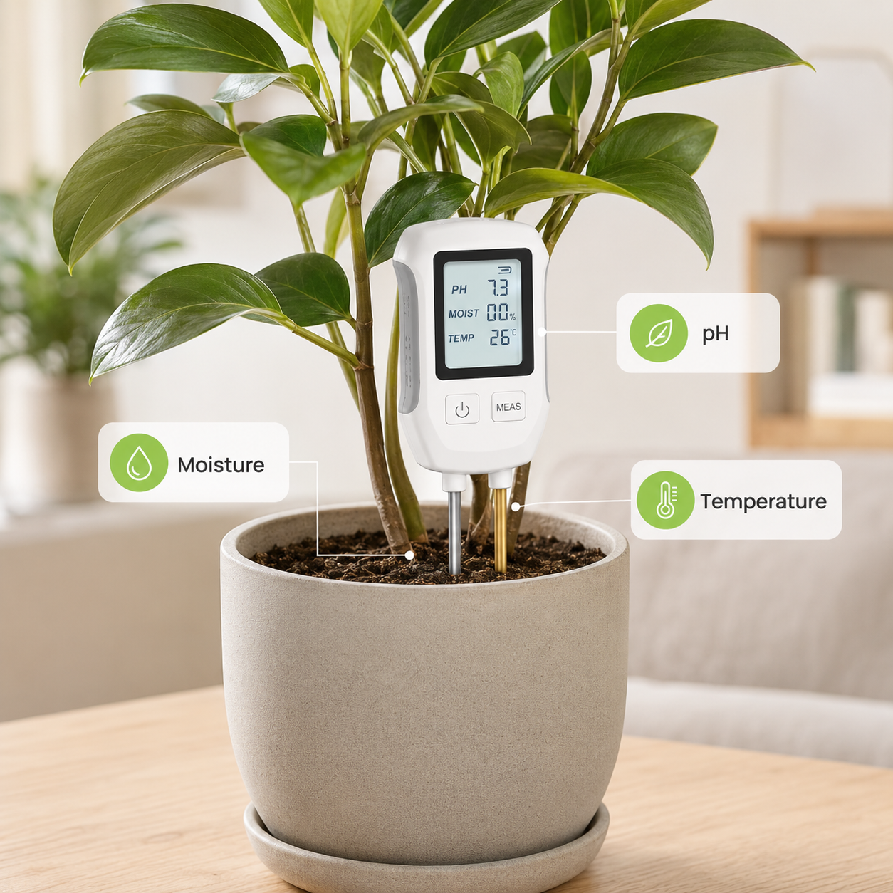 Indoor plant soil condition image with pH moisture and temperature callouts