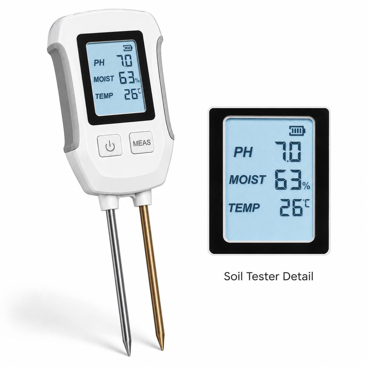 Product detail image of white 3-in-1 soil tester with dual probes