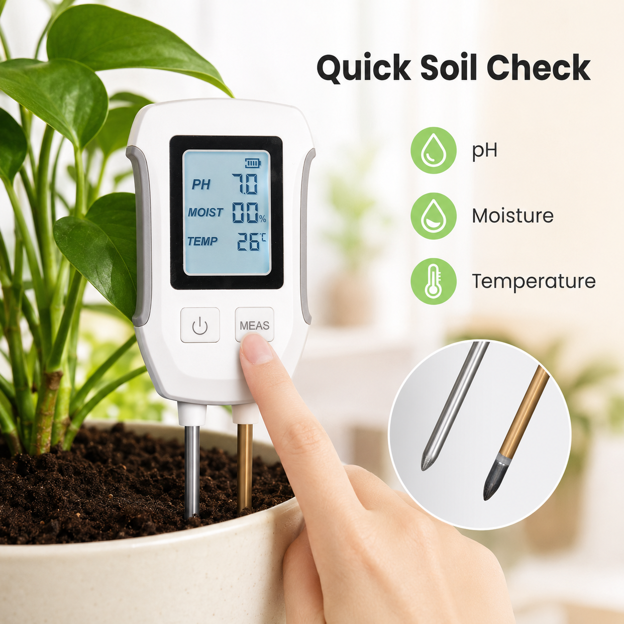 Quick soil check image showing pH, moisture and temperature readings
