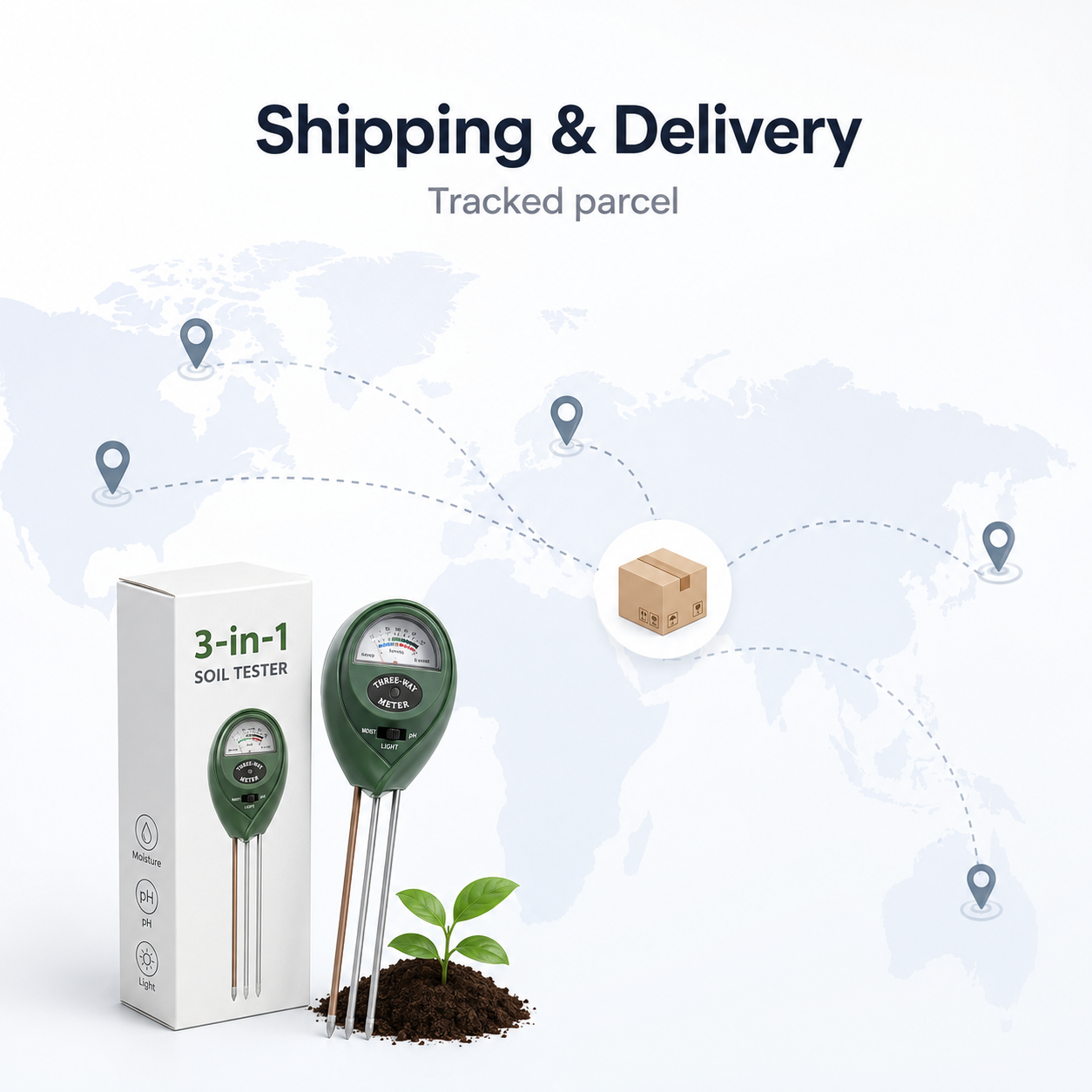 Neutral shipping and delivery image for soil tester parcel