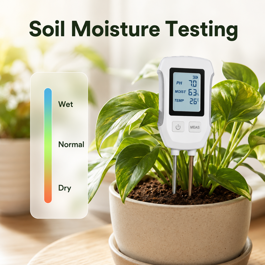 Soil moisture testing feature image with wet normal and dry gauge