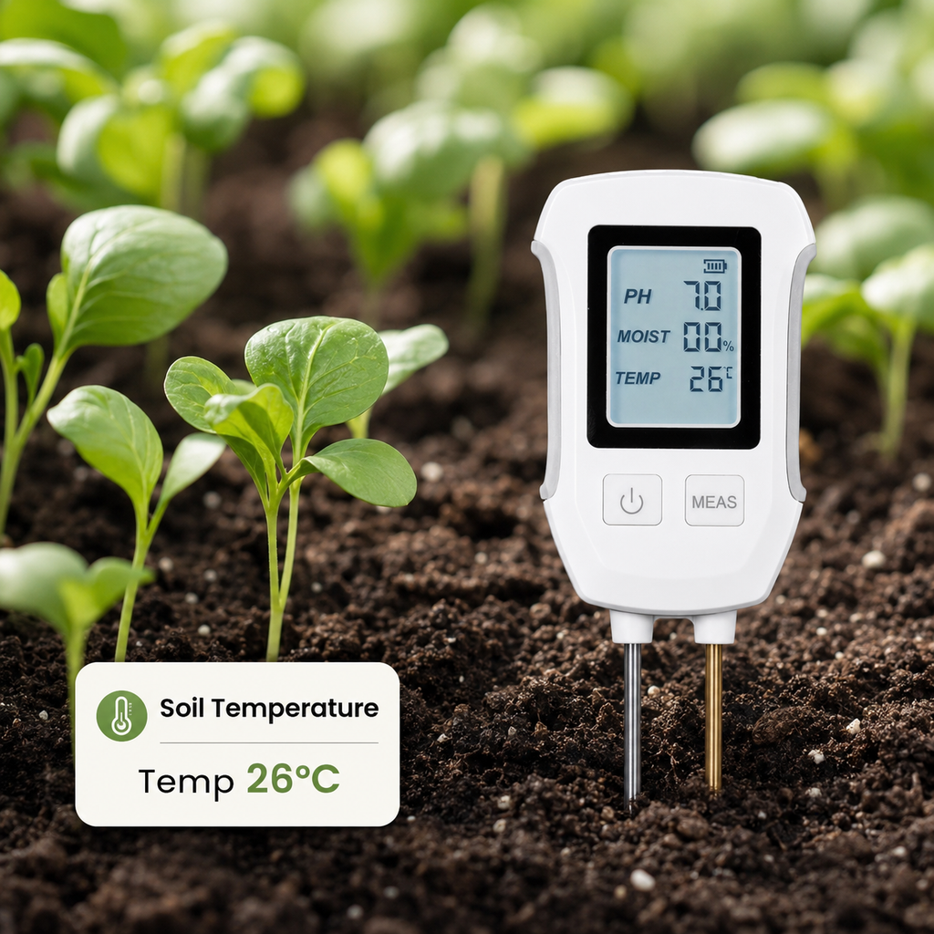 Soil temperature testing image with garden seedlings and temperature reading