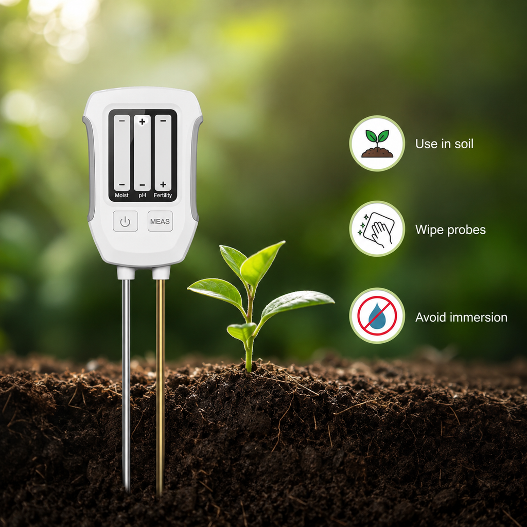 Usage tips for soil tester with probes inserted in soil