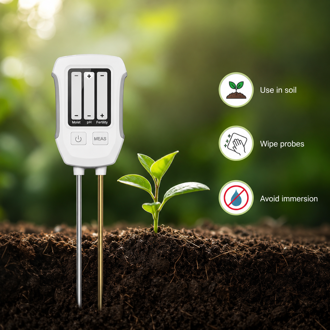 Usage tips for soil tester with probes inserted in soil