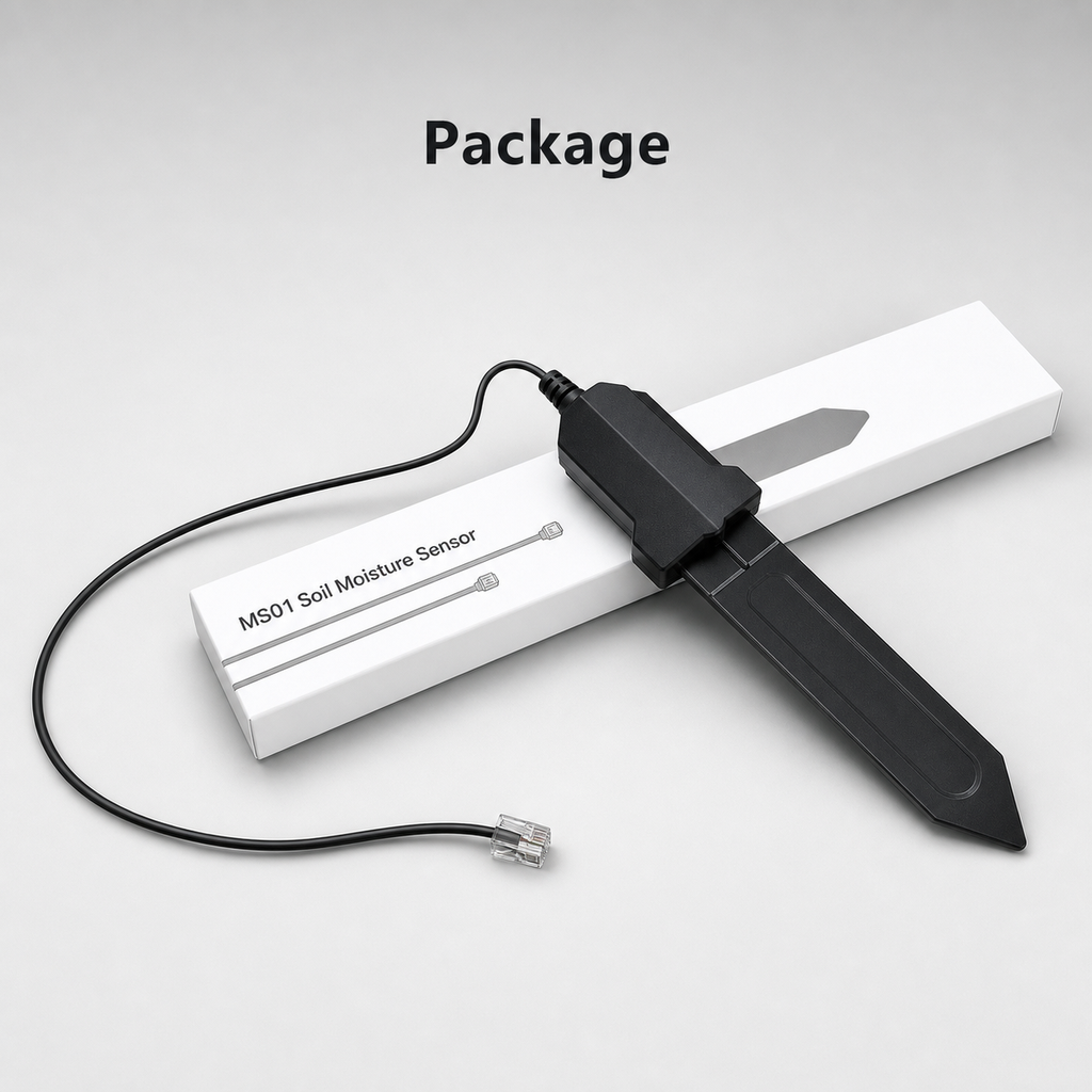 Package overview for MS01 soil moisture sensor and cable