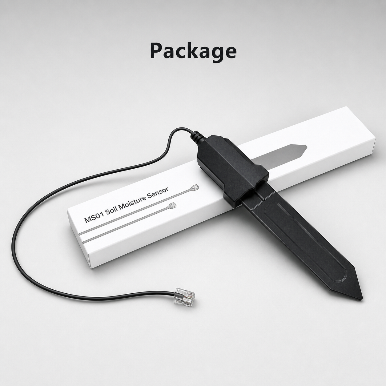 Package overview for MS01 soil moisture sensor and cable
