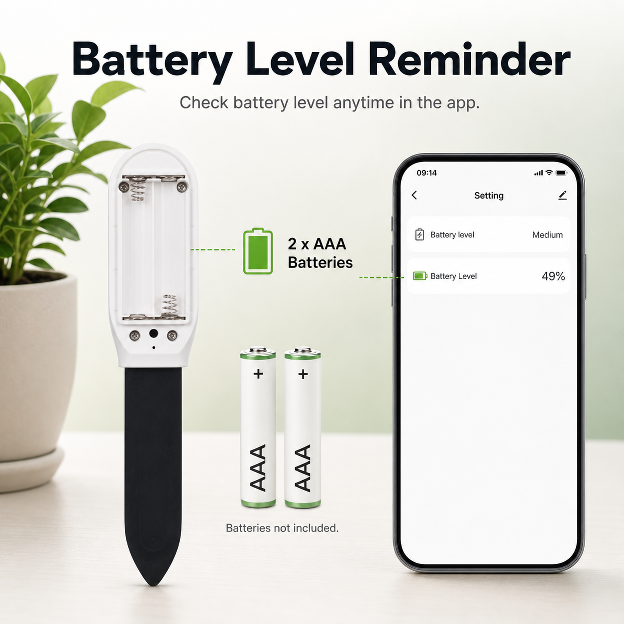 Battery level reminder and AAA battery compartment for soil sensor
