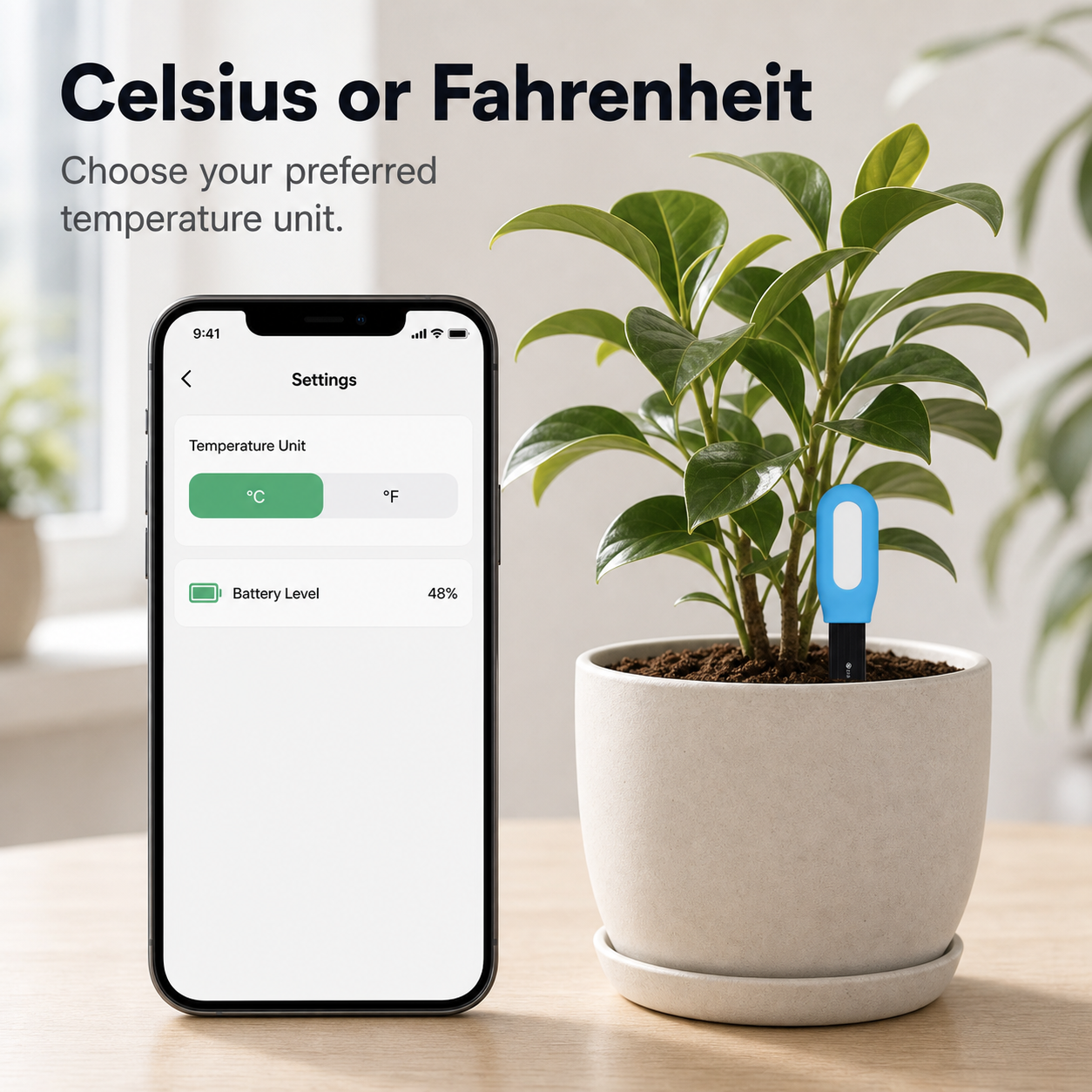 Temperature unit settings screen for Celsius and Fahrenheit