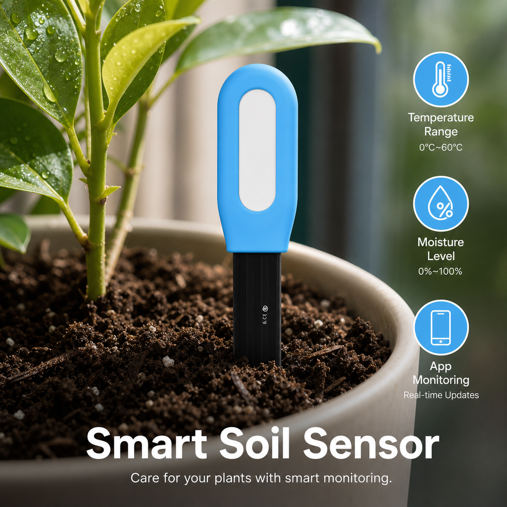 Close-up of soil sensor inserted in plant soil