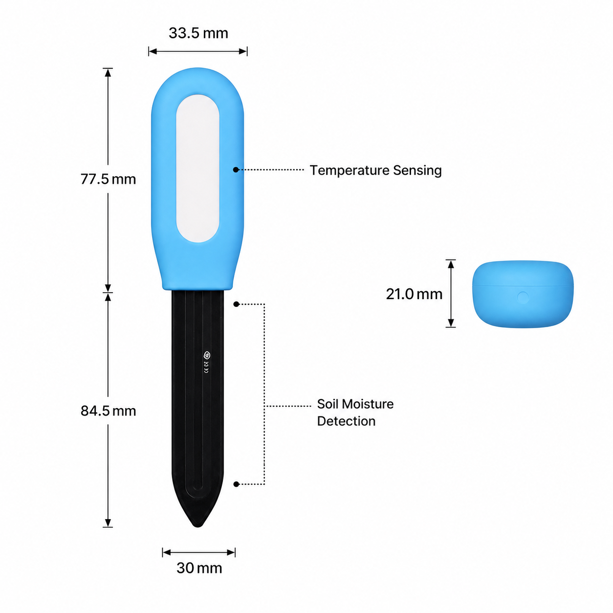 Dimensions diagram of smart soil temperature and moisture sensor