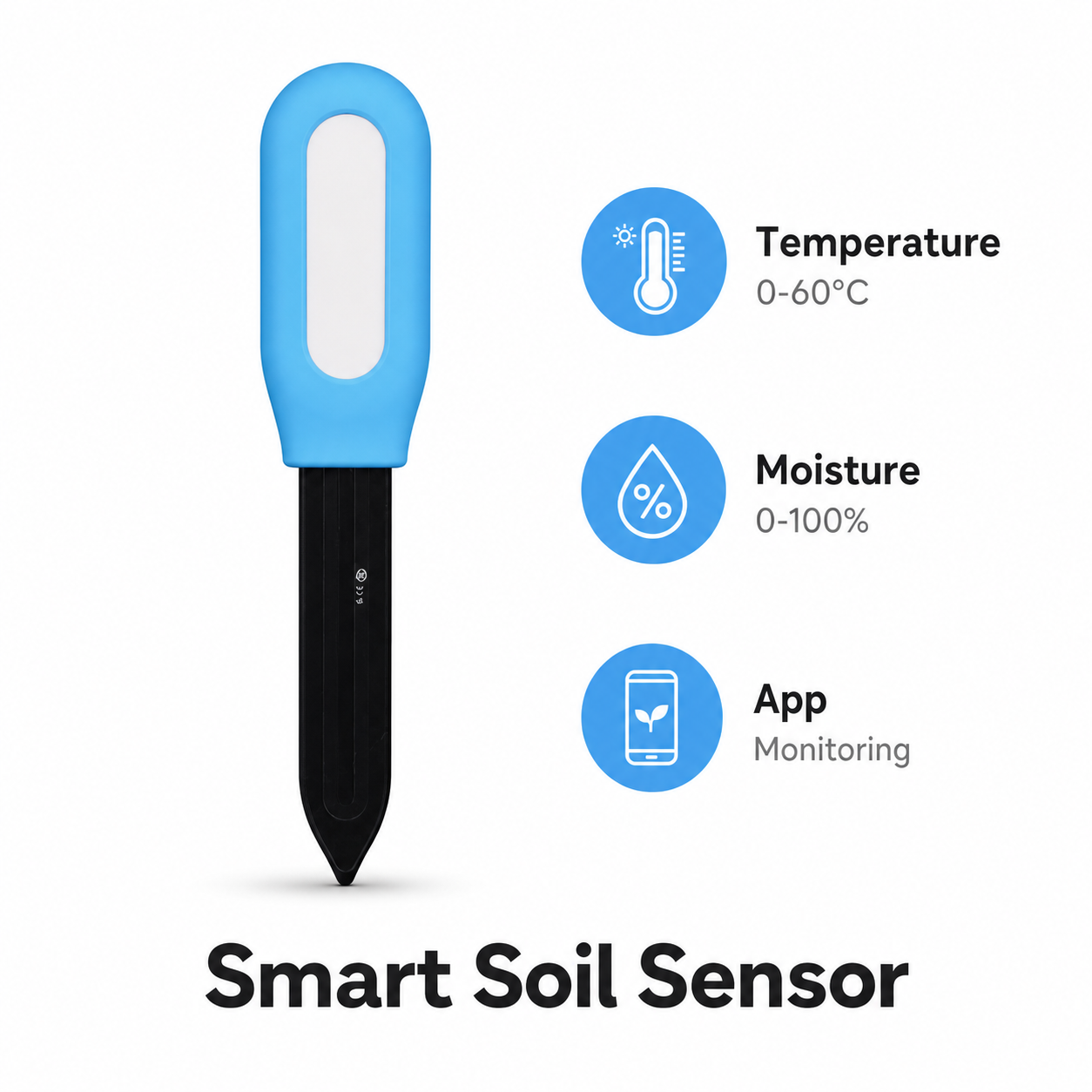 Feature packshot of smart soil sensor with temperature moisture and app monitoring badges