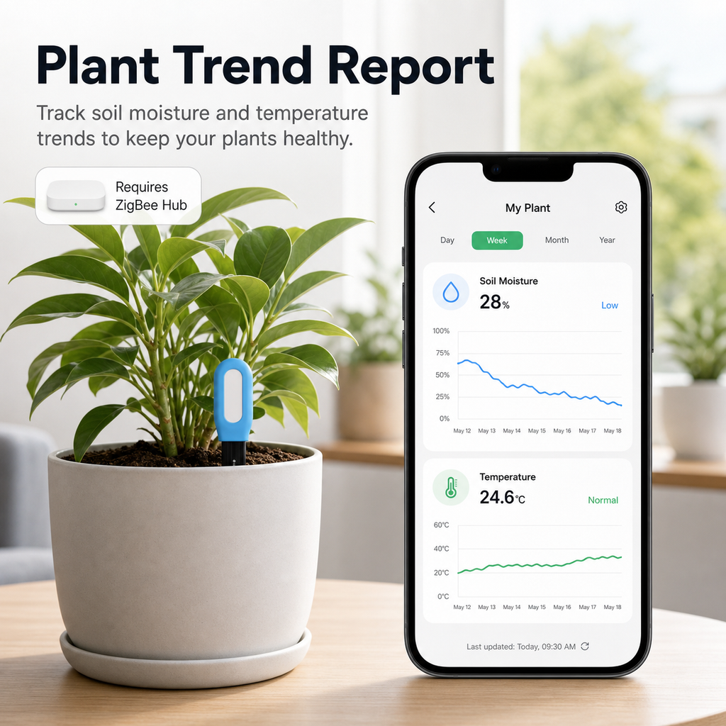 Plant trend report app screen with soil sensor