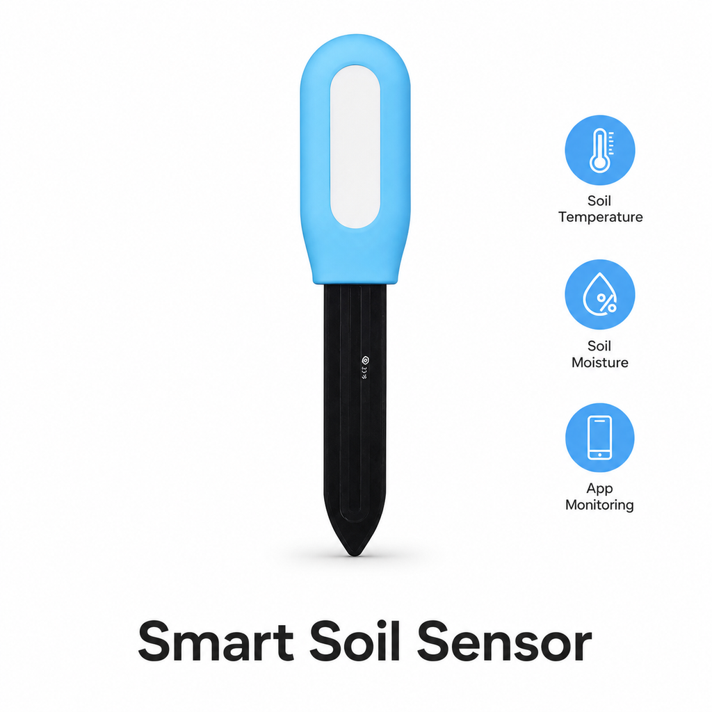 Studio packshot of smart soil temperature and moisture sensor