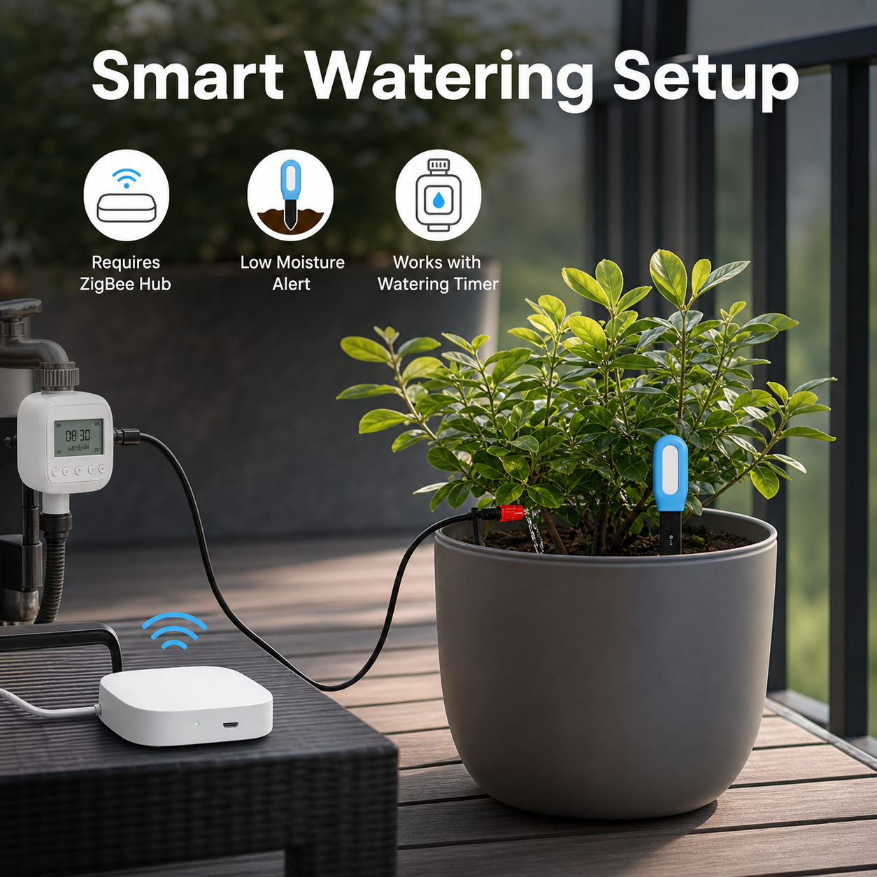 Smart watering setup with ZigBee hub and soil moisture sensor