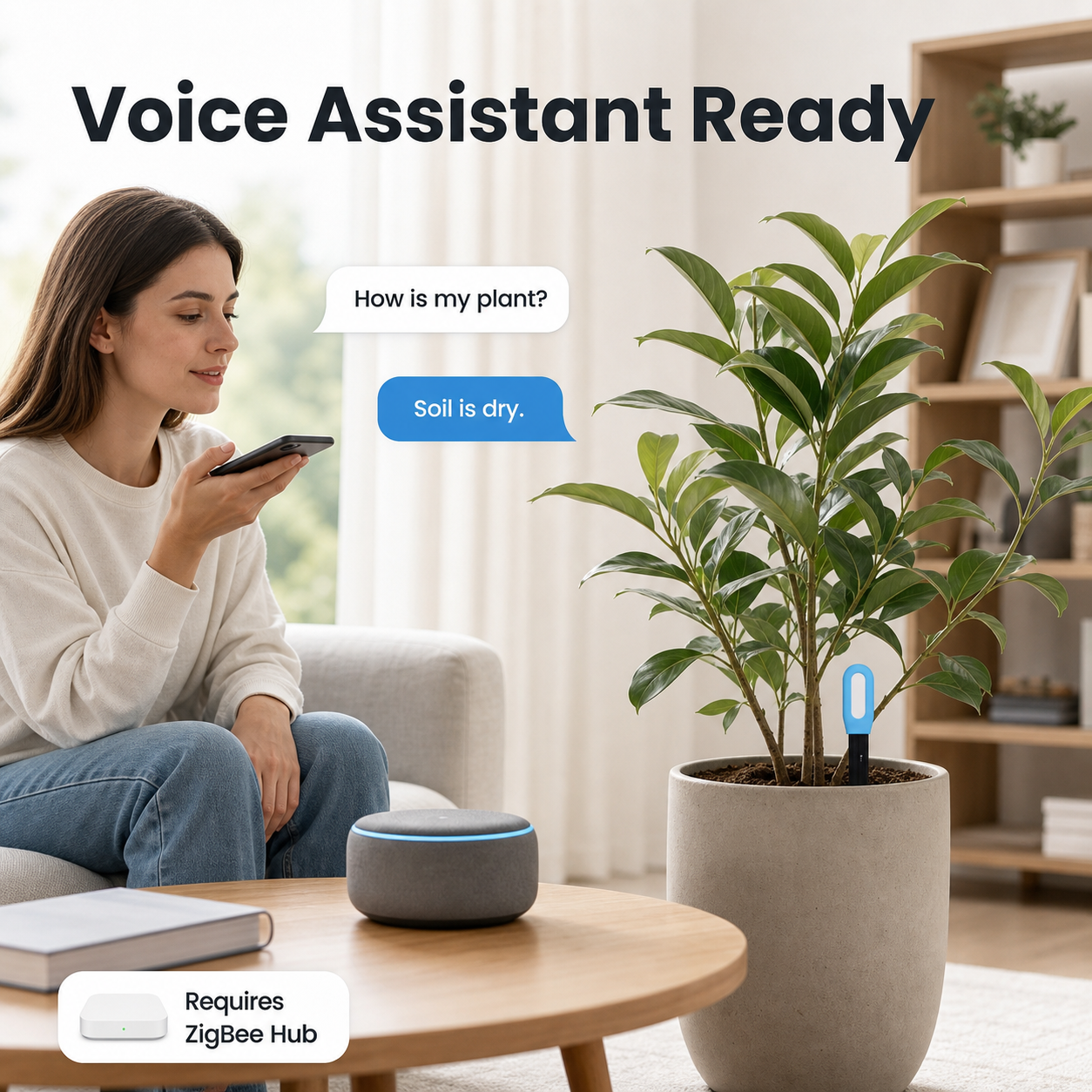 Generic voice assistant scene with soil sensor in indoor plant