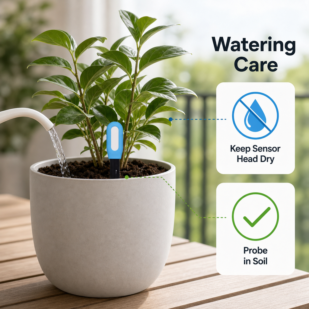 Watering care guide showing sensor head kept dry