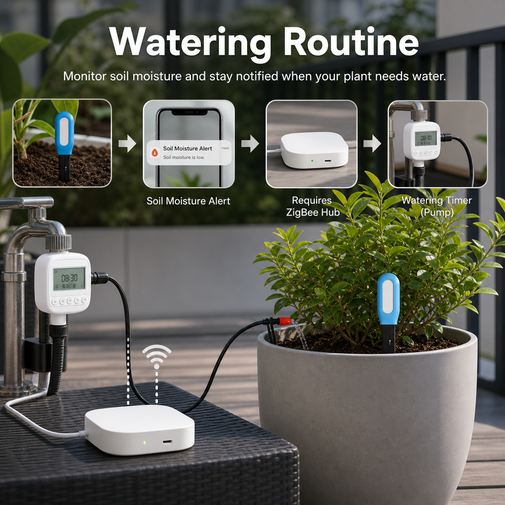 Watering routine diagram with soil sensor and generic ZigBee hub