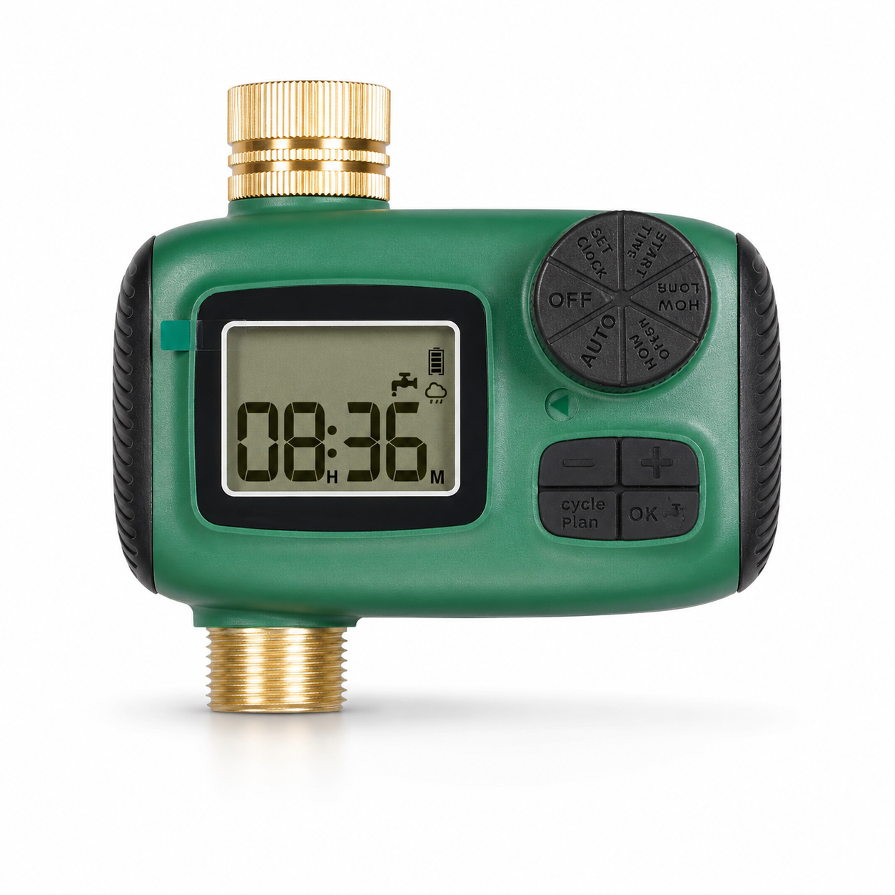 Studio packshot of green 1-outlet garden water timer
