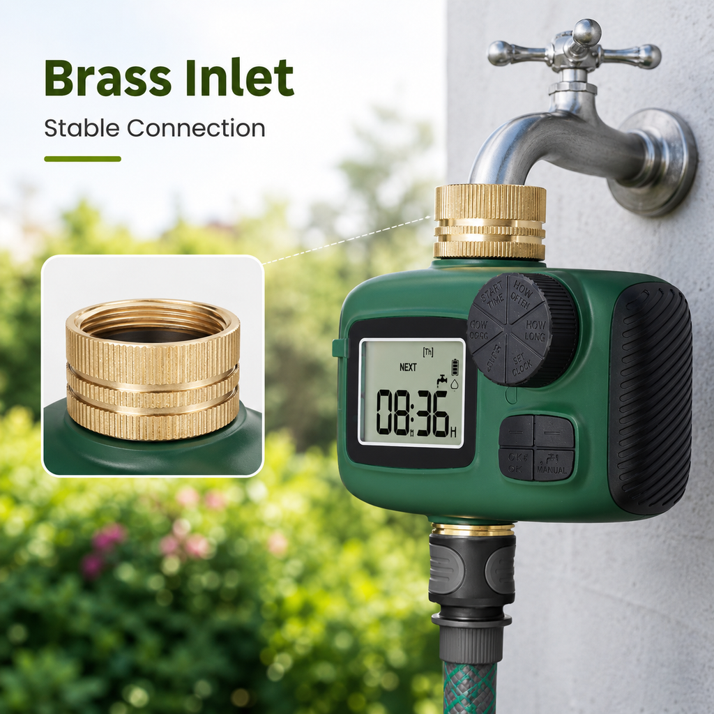 Brass inlet detail for green garden water timer