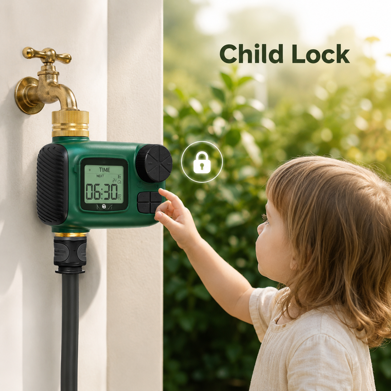 Child lock function for garden water timer