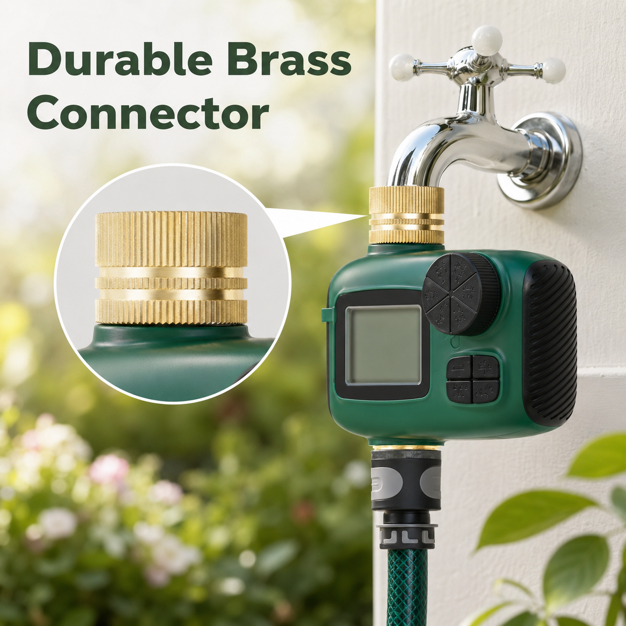Durable brass connector detail for garden water timer