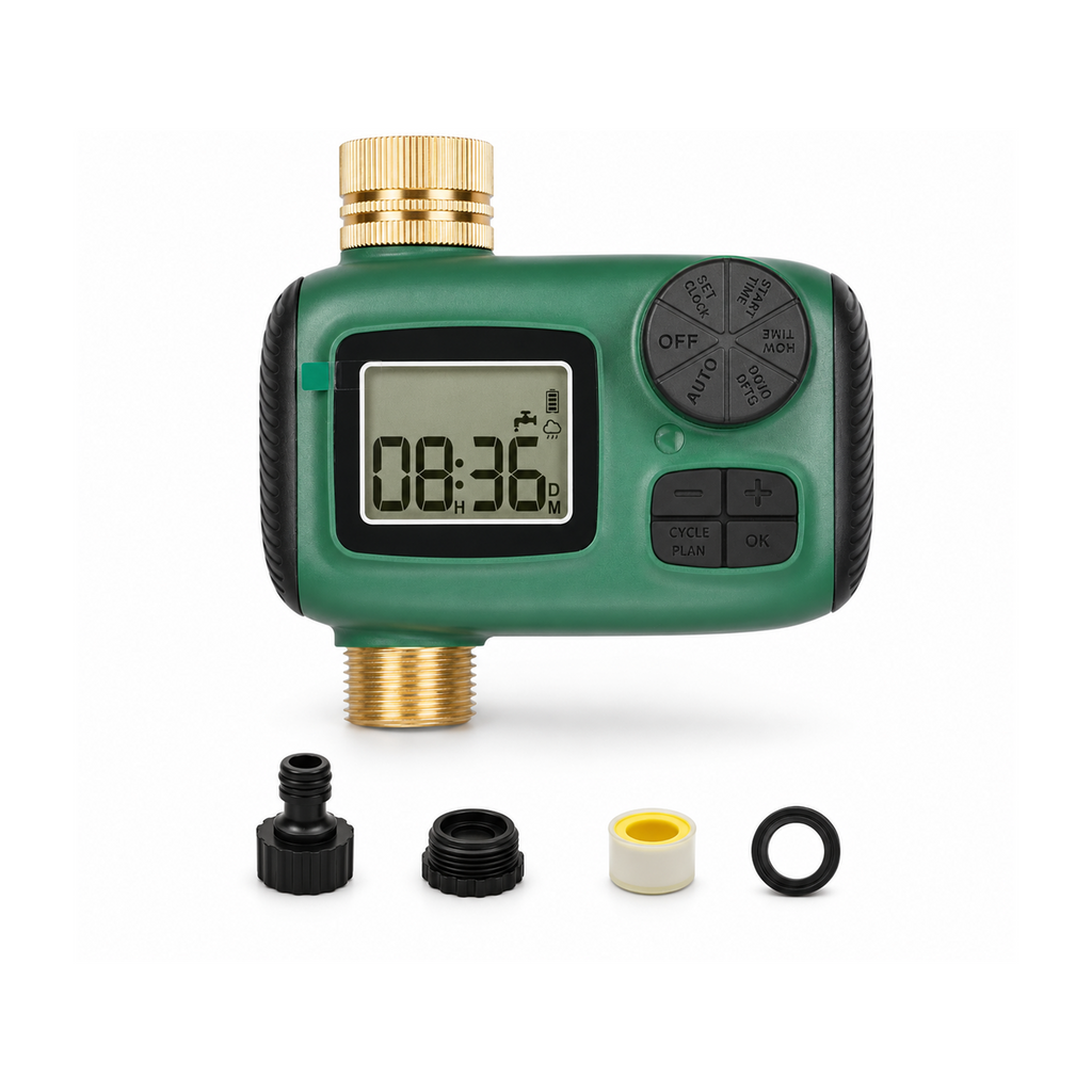 Programmateur d'arrosage NéoGarden Timer Comfort format UK avec accessoires sur fond blanc