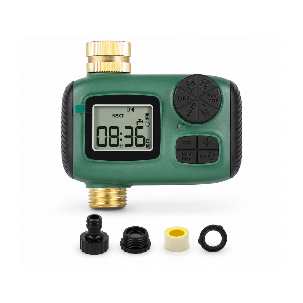 Programmateur d'arrosage NéoGarden Timer Comfort format US avec accessoires sur fond blanc