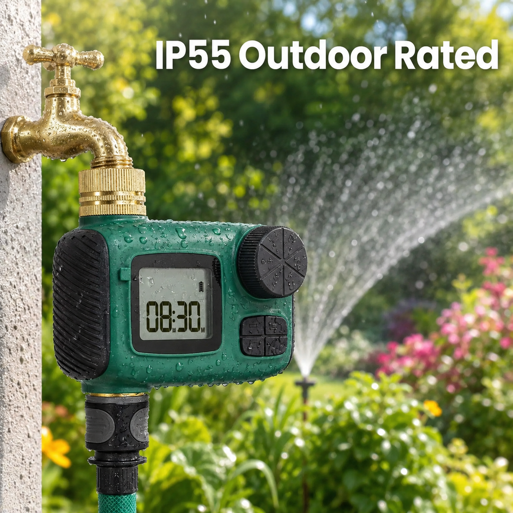 Garden splash resistant IP55 water timer feature
