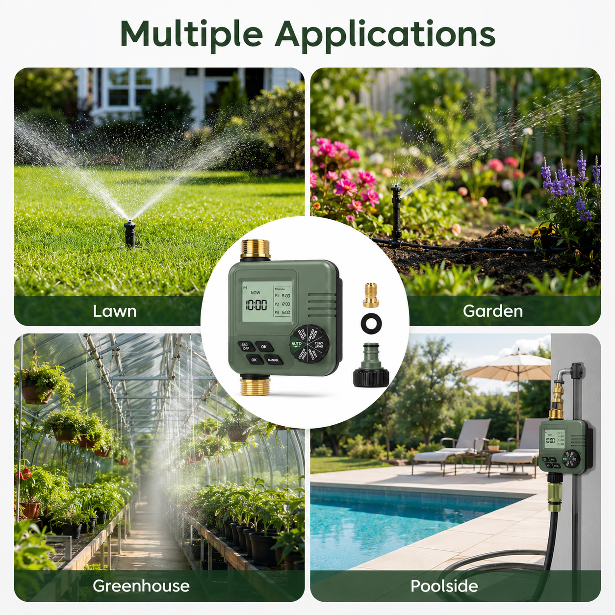Multiple garden watering applications for water timer