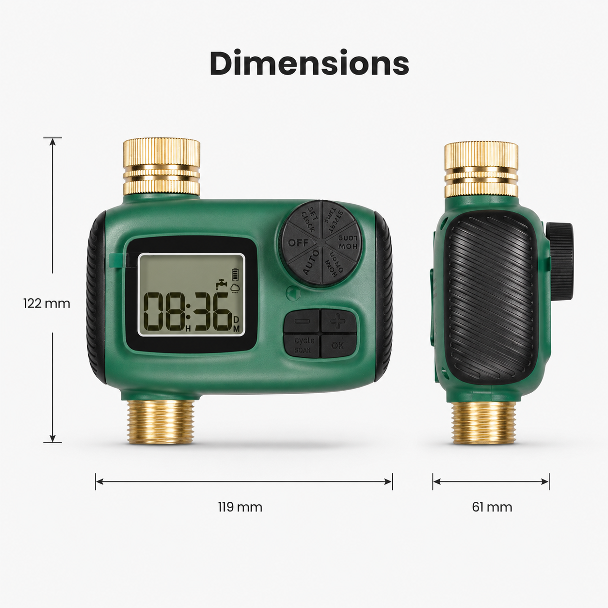 Product dimensions diagram for green garden water timer