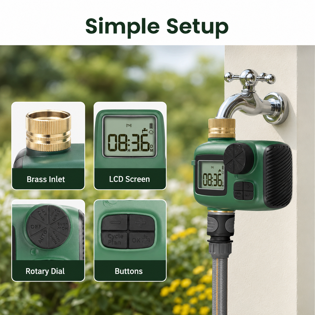 Simple setup details for green garden water timer