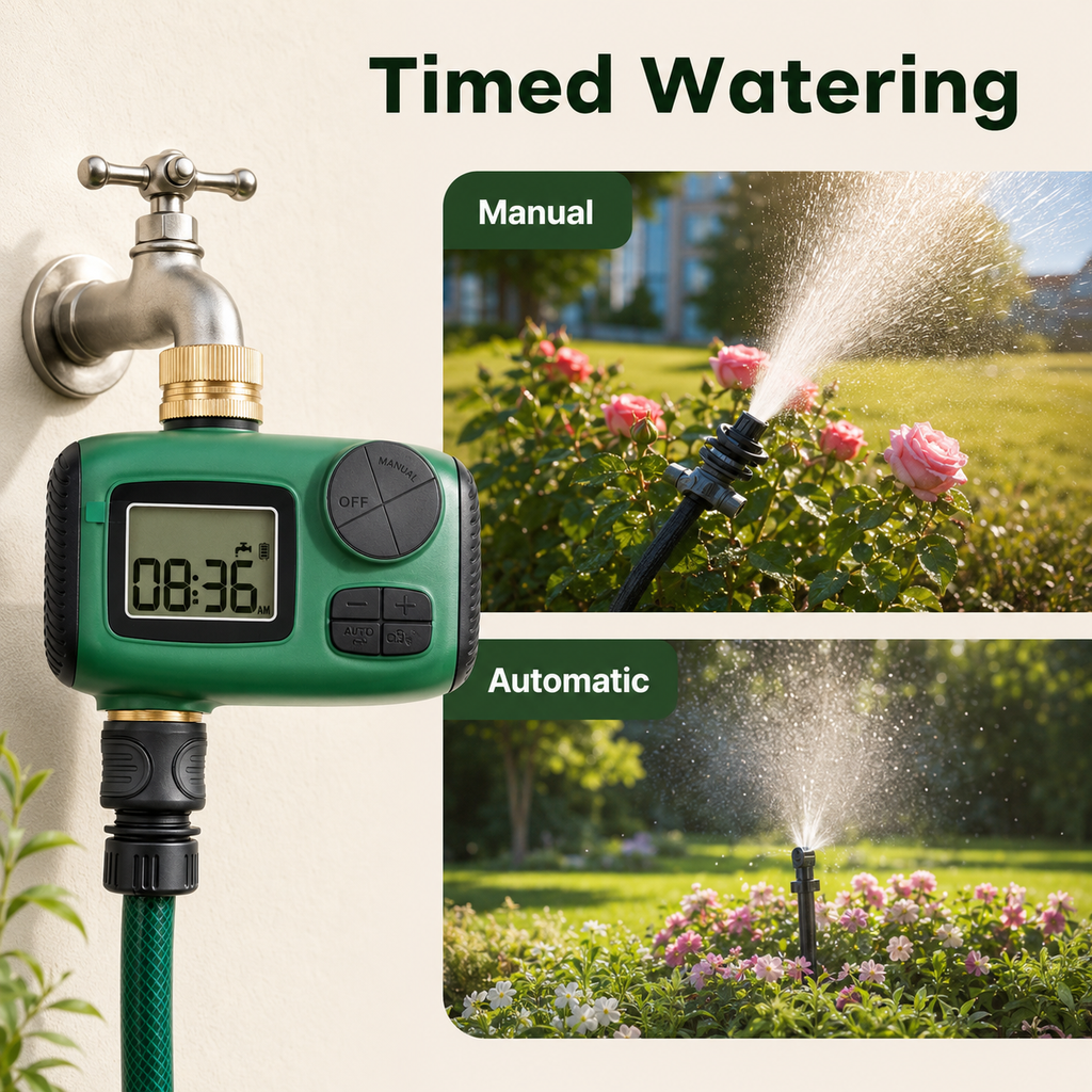 Timed watering feature shown with green garden water timer