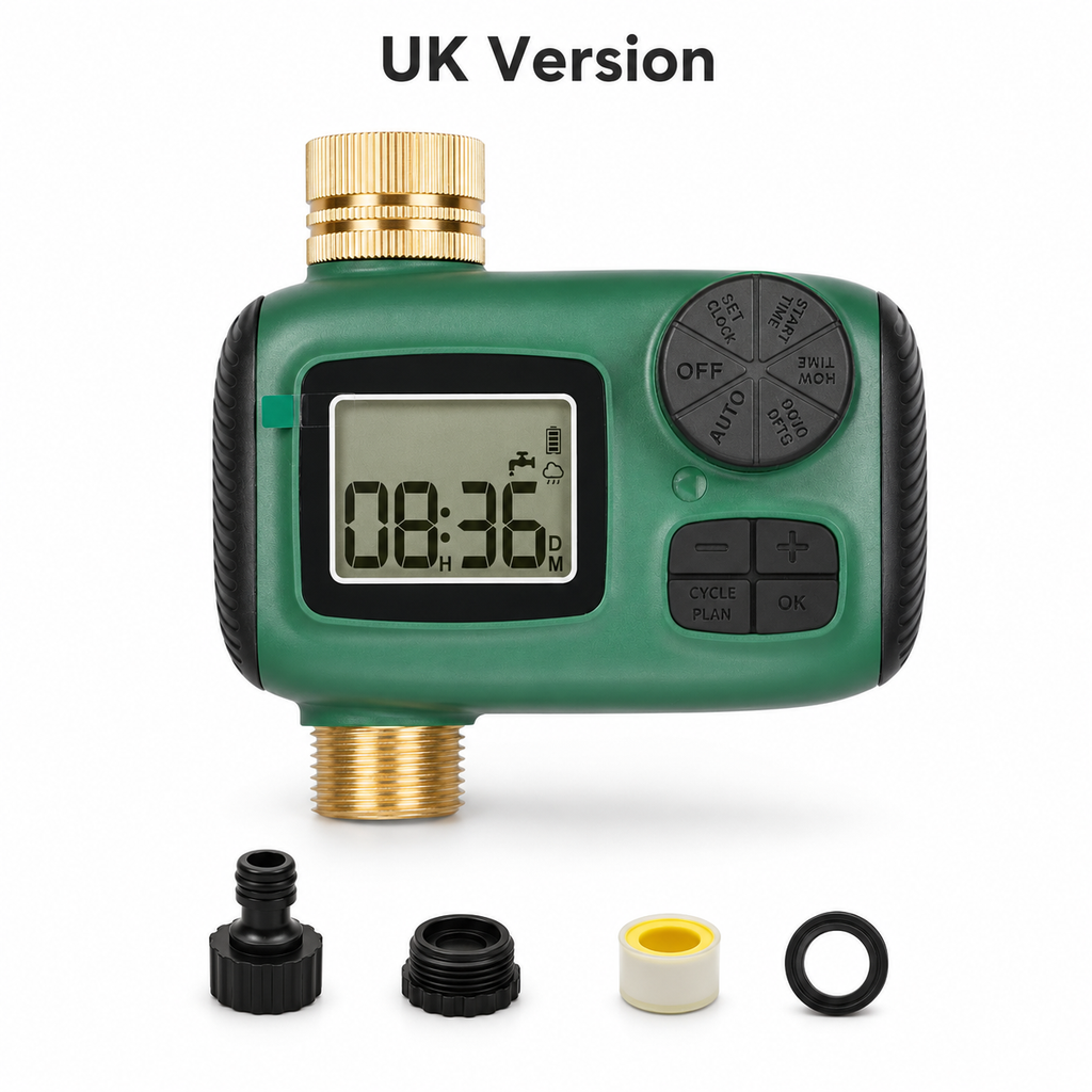 UK version green garden water timer with accessories on white background
