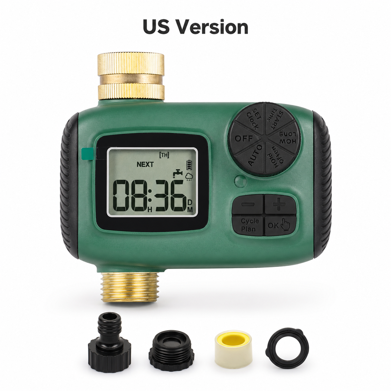US version green garden water timer with accessories on white background