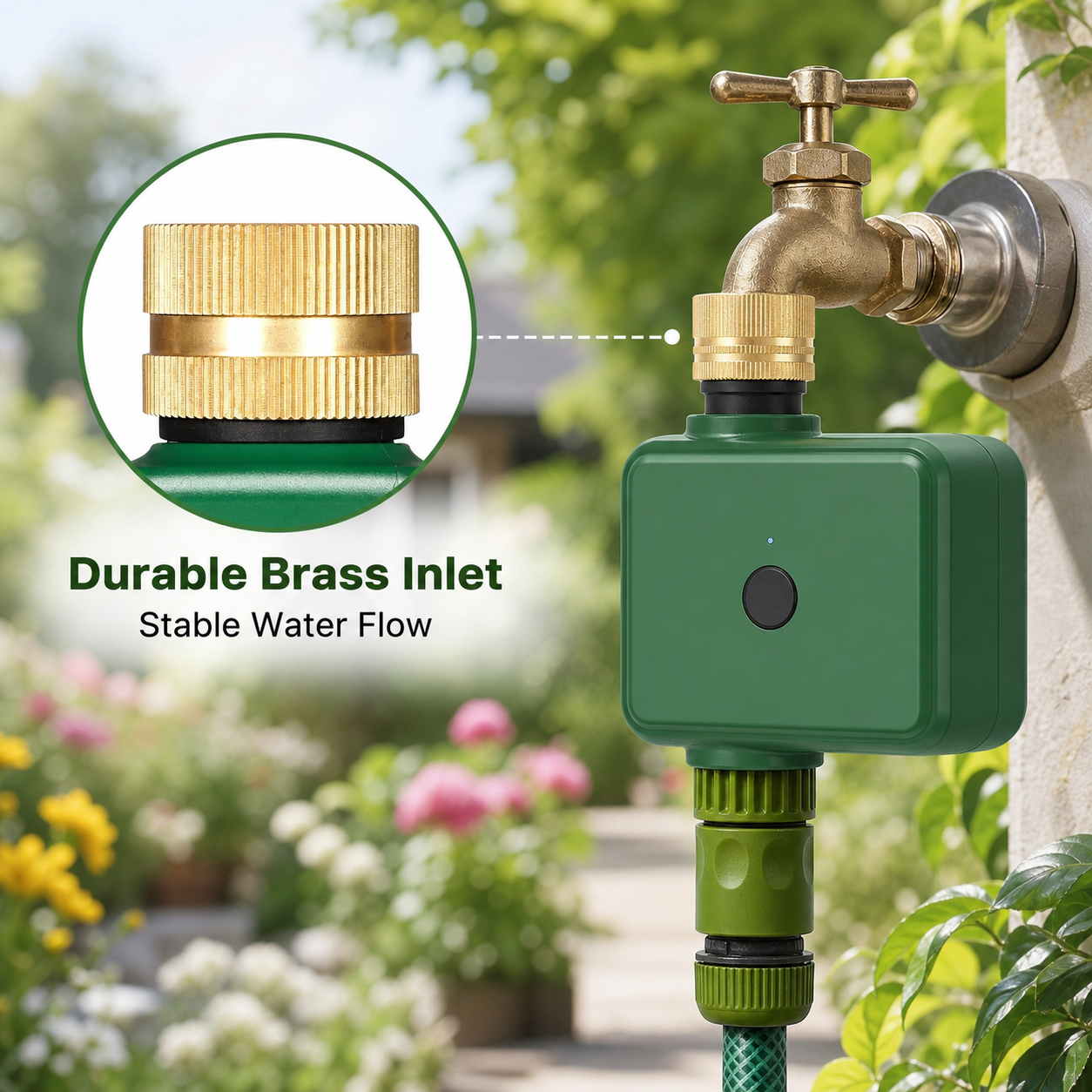 Brass inlet detail for Bluetooth garden water timer