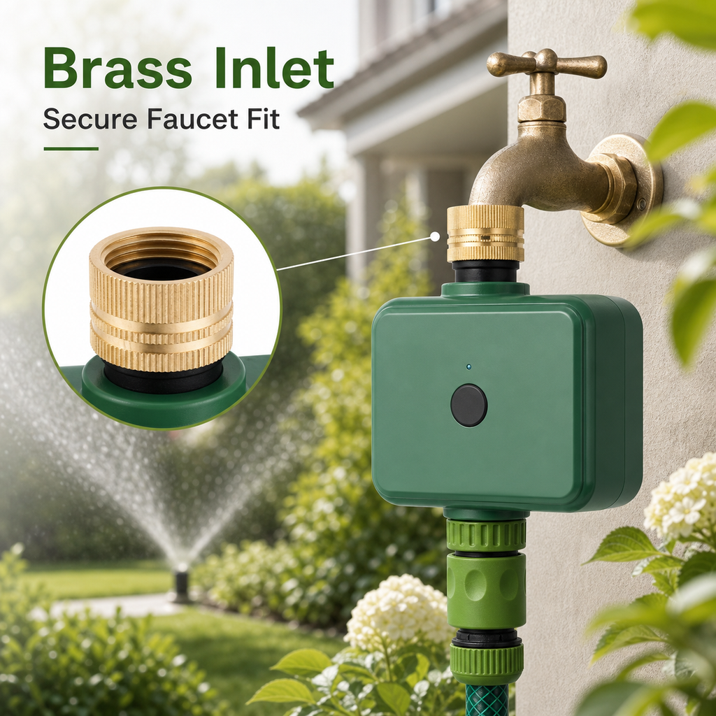 Lifestyle brass inlet detail for Bluetooth water timer on garden faucet