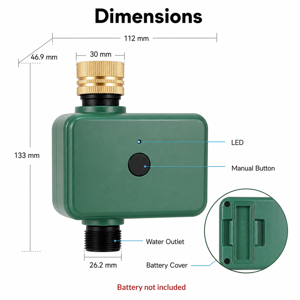 Dimension diagram for Bluetooth one-outlet water timer