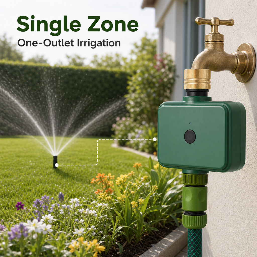 Single-zone garden irrigation controlled by Bluetooth water timer